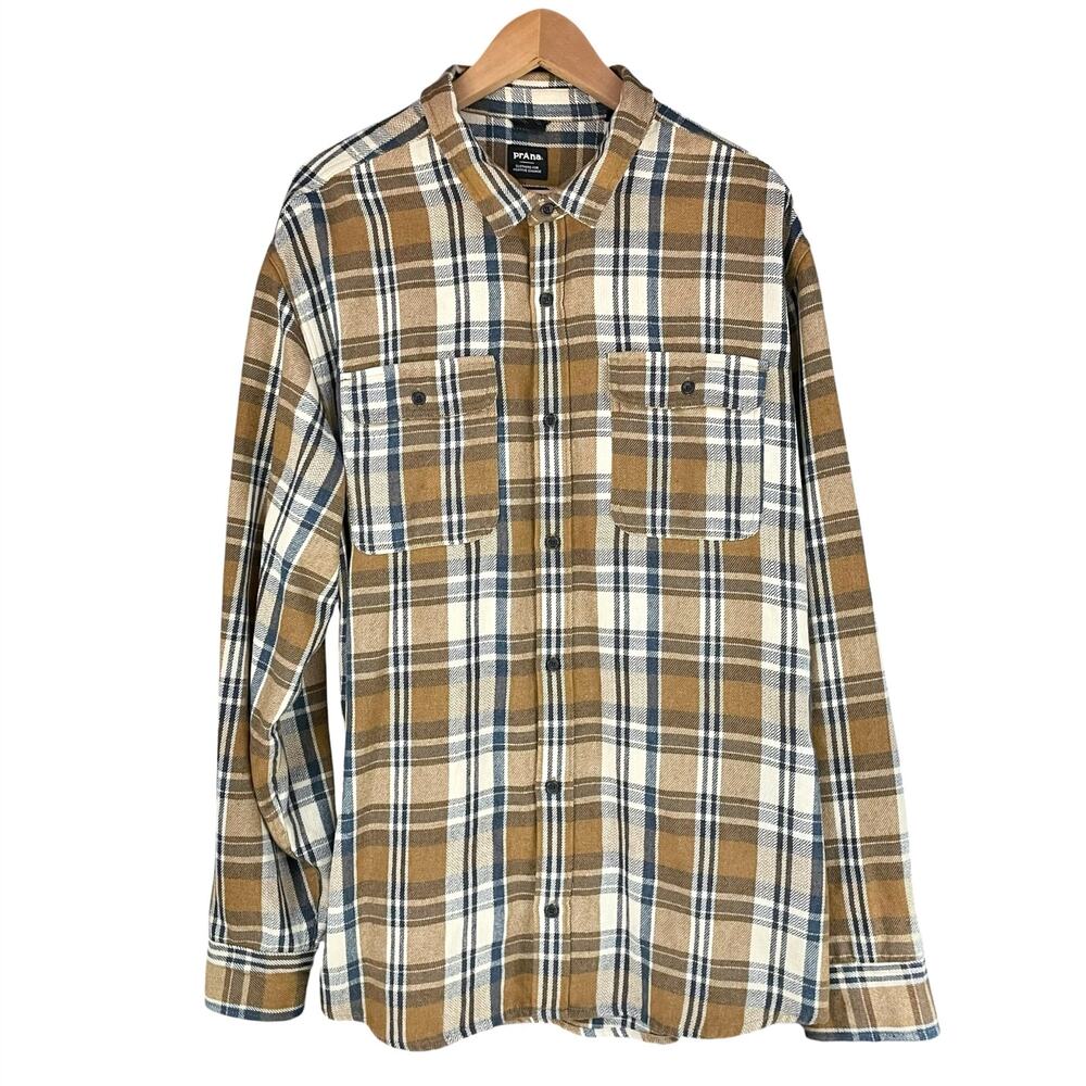 PRANA Men's Westbrook Flannel Button-Front Shirt Tan/Blue/White Plaid Size XXL